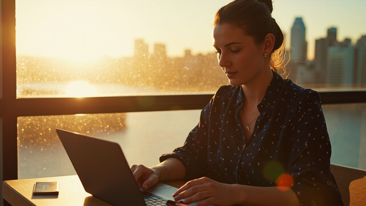 Australian woman applying for Cambodia eVisa on a laptop on a sunlit Sydney balcony