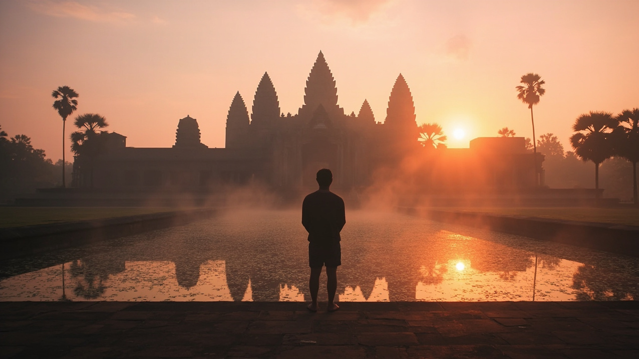 Australian traveller silhouetted at the base of Angkor Wat at sunrise with the five-tower temple reflected in the lily pond