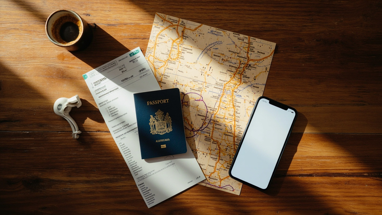Flat-lay of an Australian passport, printed boarding pass, paper map of Cambodia with Angkor Wat circled, espresso cup, and smartphone on a warm wooden desk