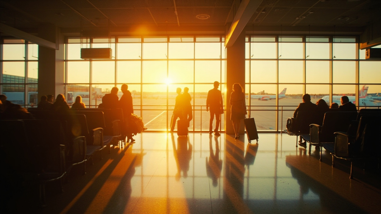 Sydney International Airport departure terminal at sunrise with warm light through windows and a few travellers walking through frame