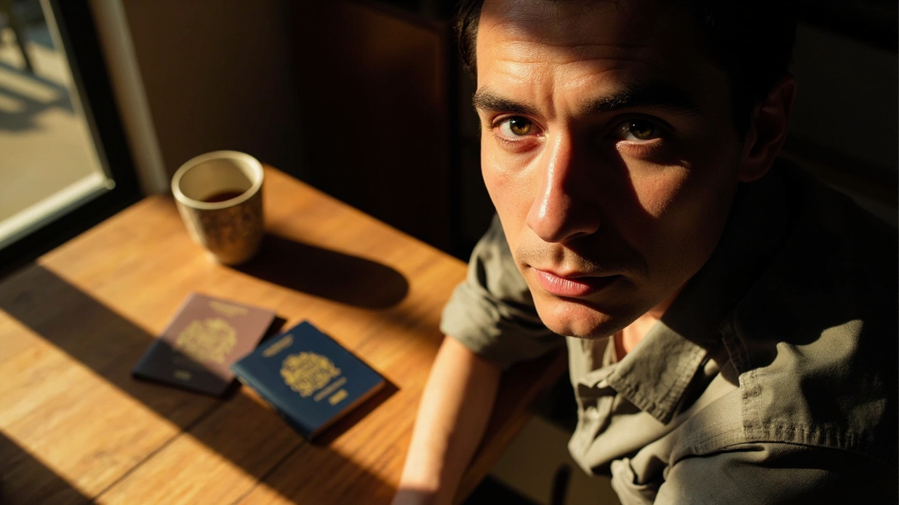 Un viaggiatore residente in Australia è seduto alla scrivania di una casa di Sydney illuminata dal sole, con un passaporto australiano chiuso e un secondo passaporto accanto, nella calda luce del pomeriggio.
