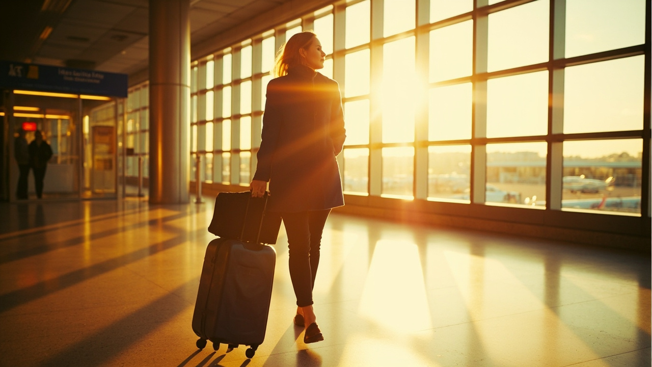 Australian PR holder walking through a sunlit airport with a small carry-on suitcase, calm and unhurried body language