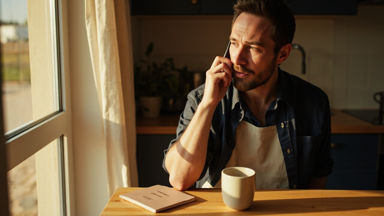 Australian PR holder making a phone call in a sunlit kitchen, calm composition with a passport on the bench