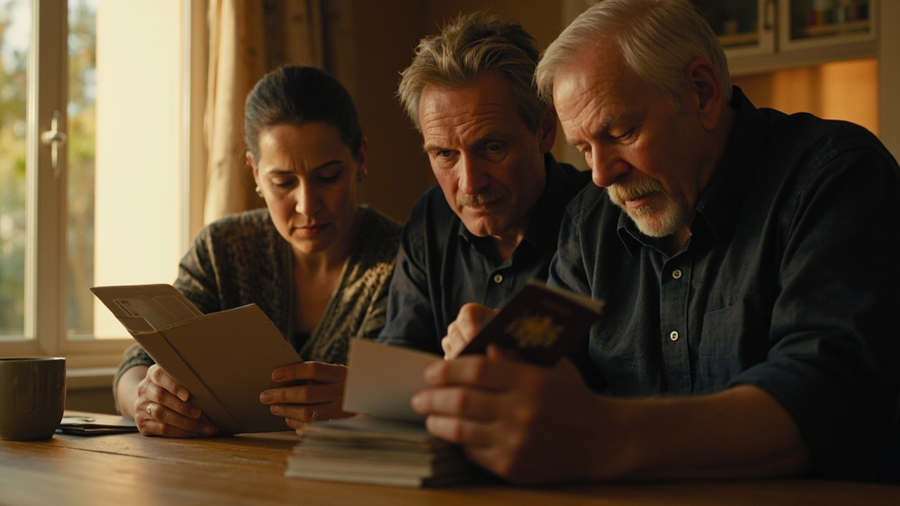 Multi-generation family at a home dining table sorting multiple passports together in warm afternoon light