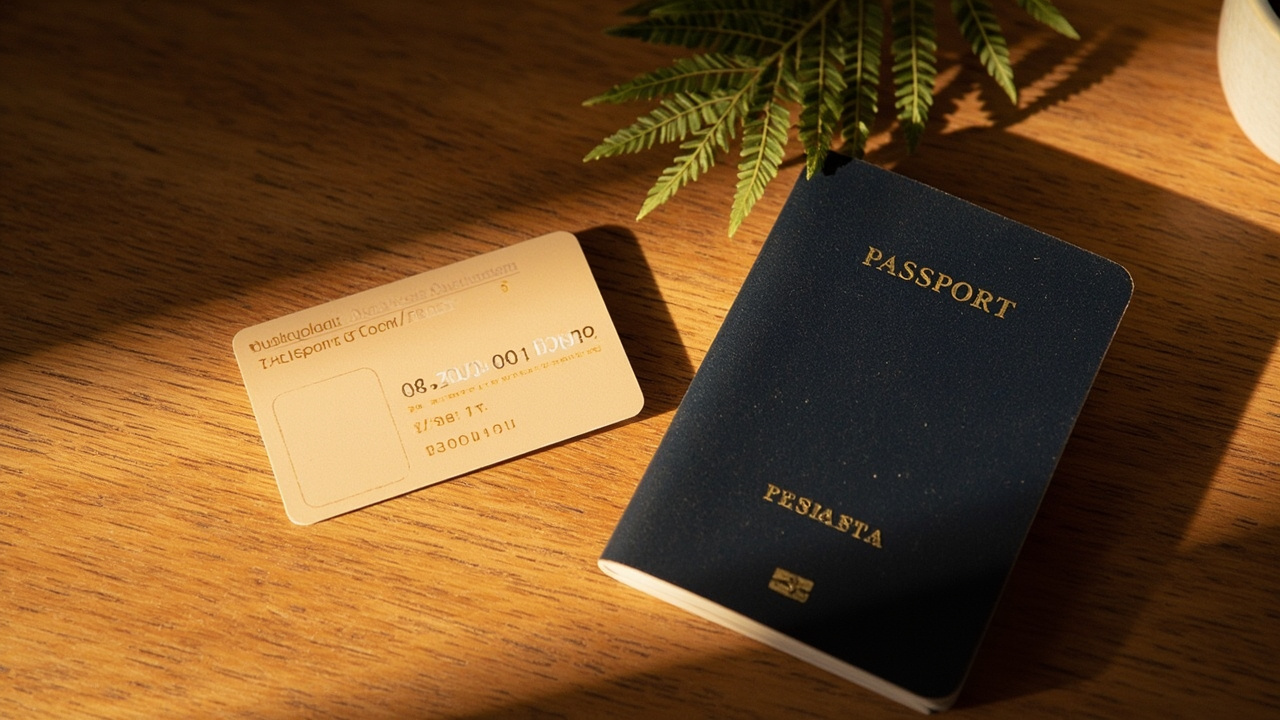 Overhead flat-lay of an Australian PR card alongside a closed passport on a warm wooden desk