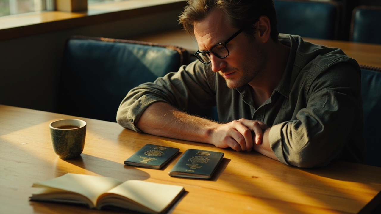 Australian dual-citizen at sunlit dining table with two passports laid out — one closed Australian, one unbranded second passport — considering which to use