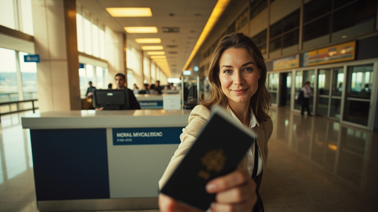 Australian traveller calmly handing one passport to a generic immigration officer at an unmarked counter