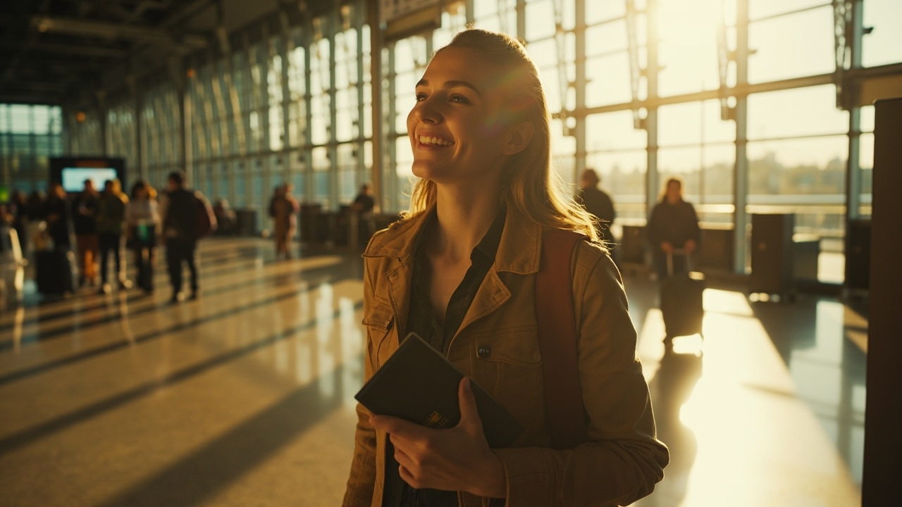 Australian dual citizen at an Australian airport returning home in soft warm light, no recognisable signage