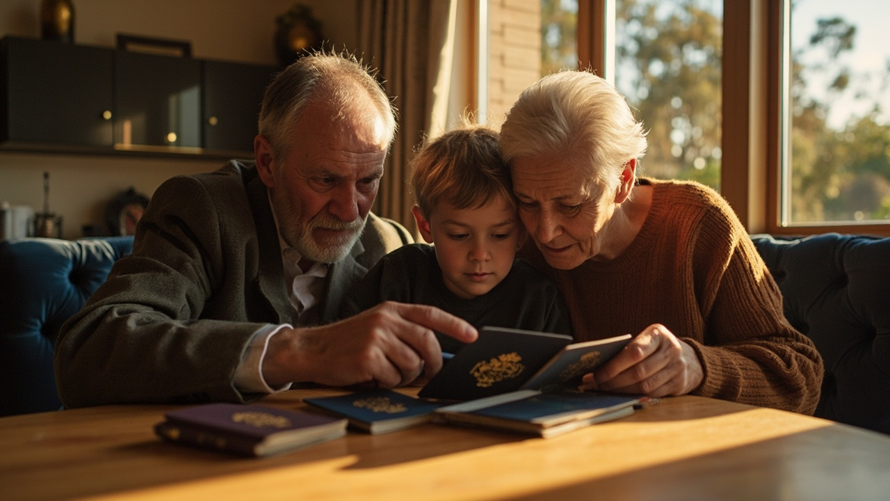 Multi-generation Australian family at home sorting passports together in warm afternoon light