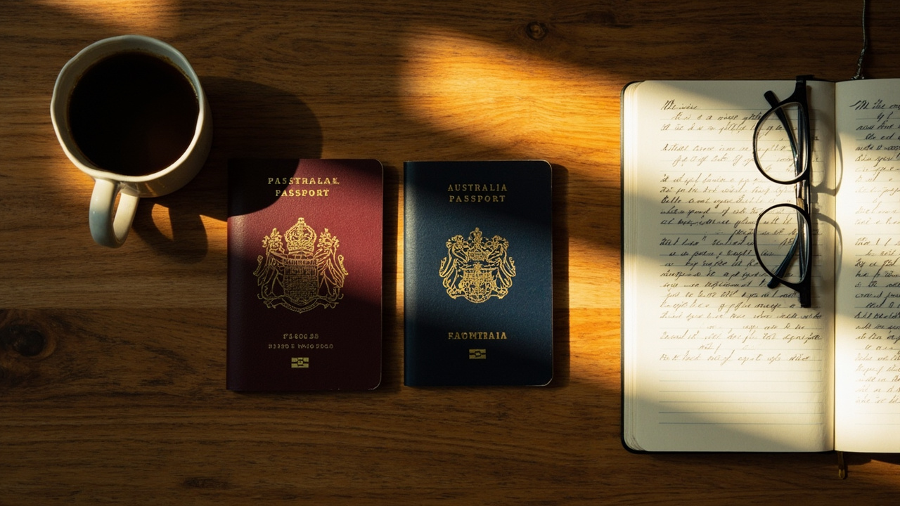 Overhead flat-lay of two passports side-by-side with an open notebook of handwritten dates on a warm wooden desk