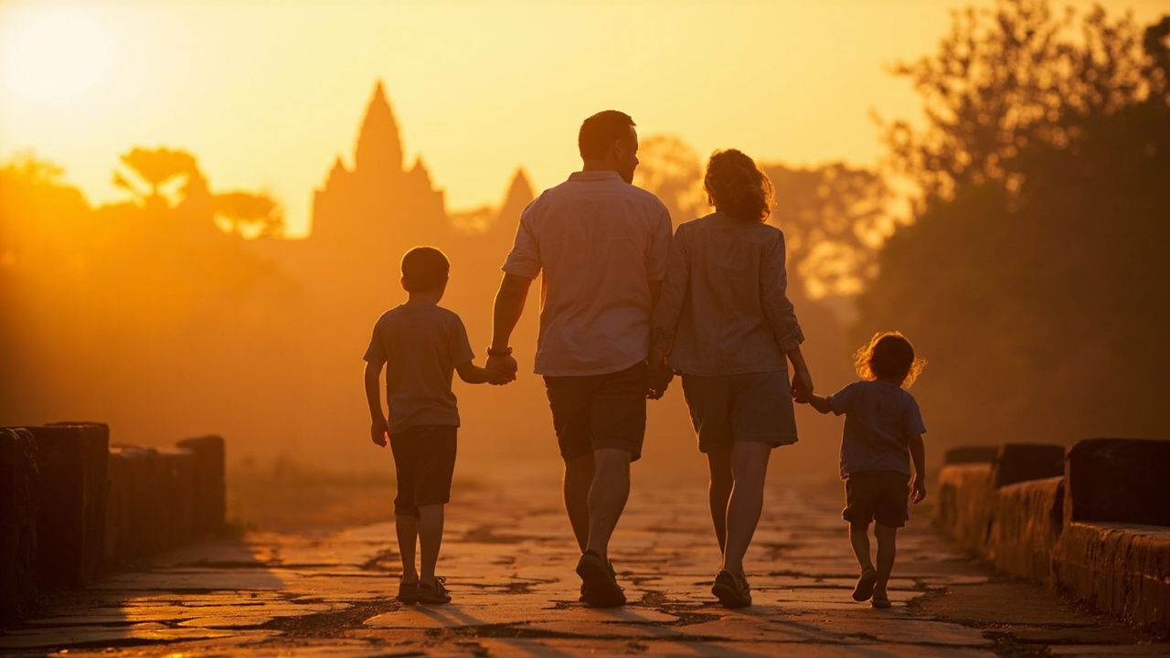 Australian family walking near a soft-focus Angkor temple silhouette at warm sunrise, calm composition with no faces in focus