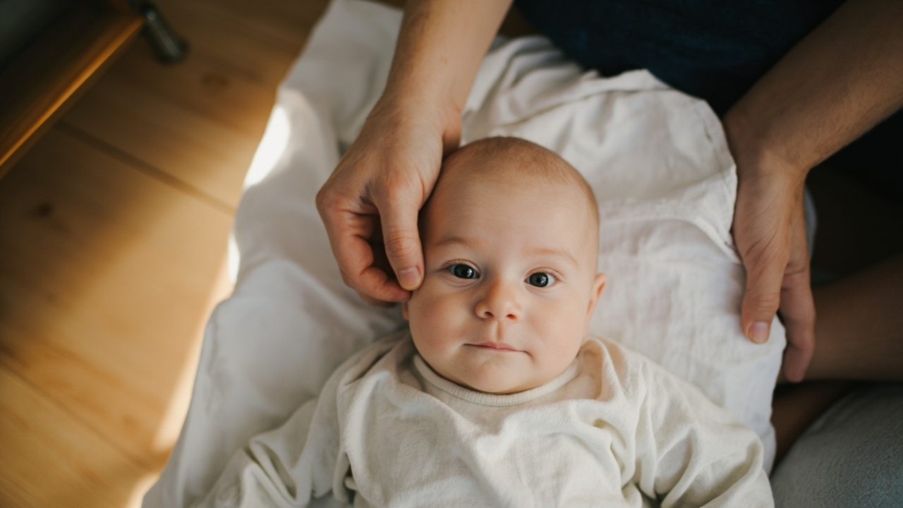 Gentle scene of an Aussie parent photographing a baby for a passport-style photo against a plain white wall at home in soft daylight