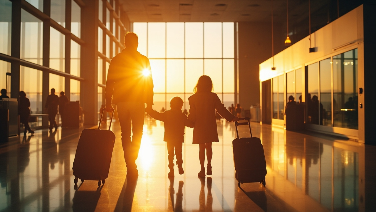 Australian family walking through a sunlit Australian airport departure hall together with carry-on bags, calm relaxed body language