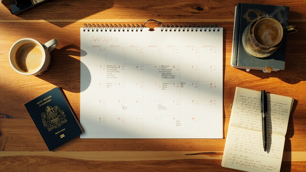 Overhead flat-lay of a wall calendar with circled school-holiday dates beside a closed Australian passport and a small coffee on a warm timber desk