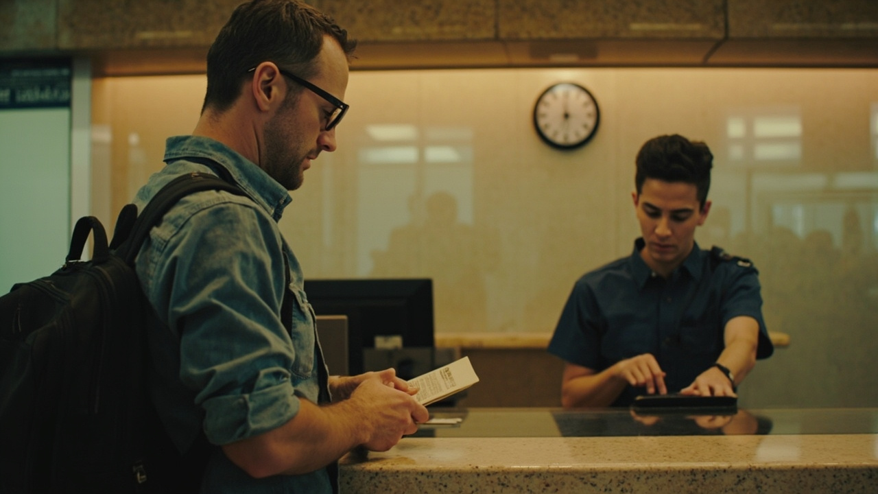 Australian traveller at a Cambodian airport immigration counter on departure day, holding their passport while a uniformed officer prepares the exit stamp