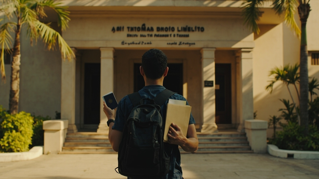 Australian traveller approaching a calm government office building entrance in Phnom Penh in warm afternoon light, holding a slim document folder