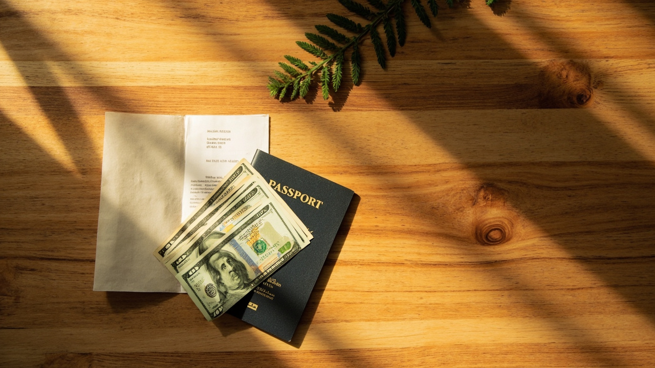 Overhead flat-lay of a small stack of US dollar notes laid out on a warm timber surface beside a closed passport of plain neutral colour