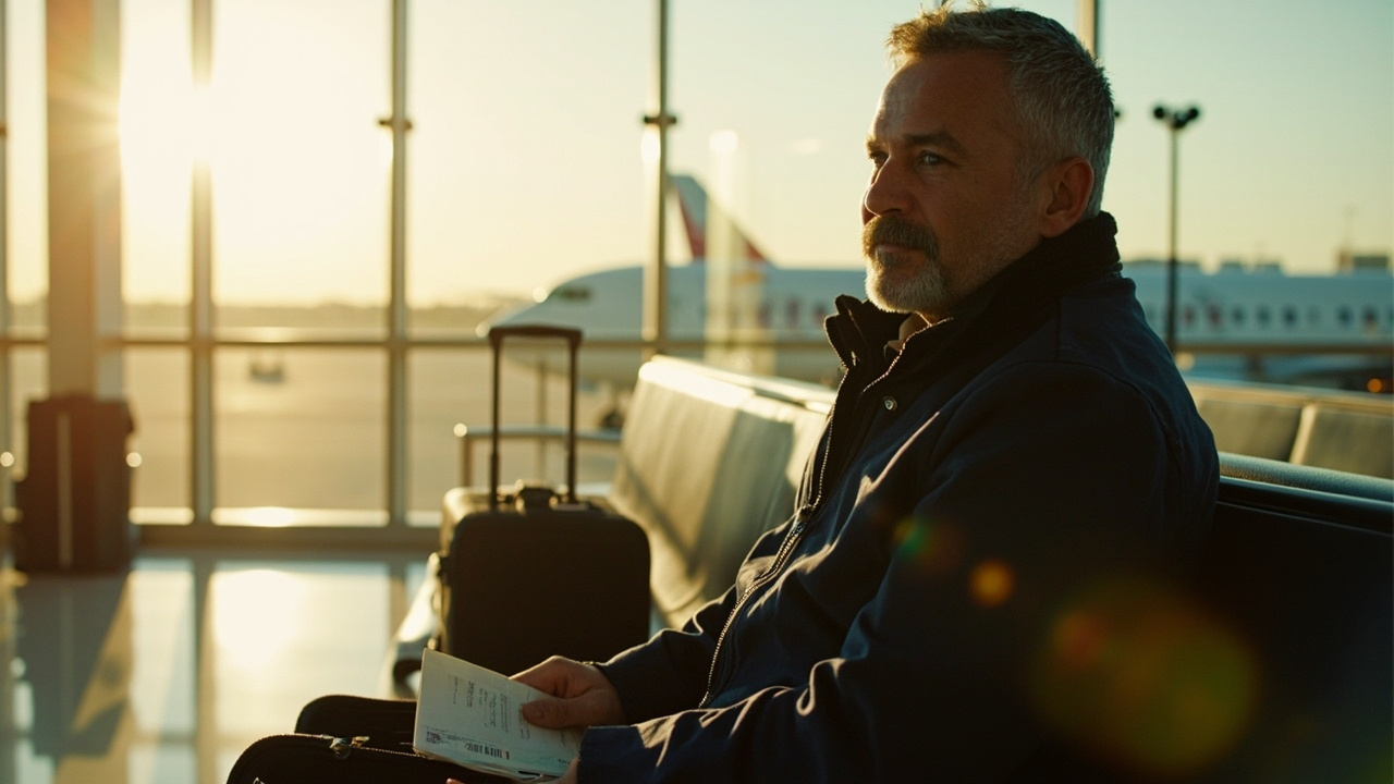 Australian traveller seated at a sunlit airport gate area during a stopover, with a small carry-on suitcase and a closed passport on their lap, warm afternoon light streaming through floor-to-ceiling windows