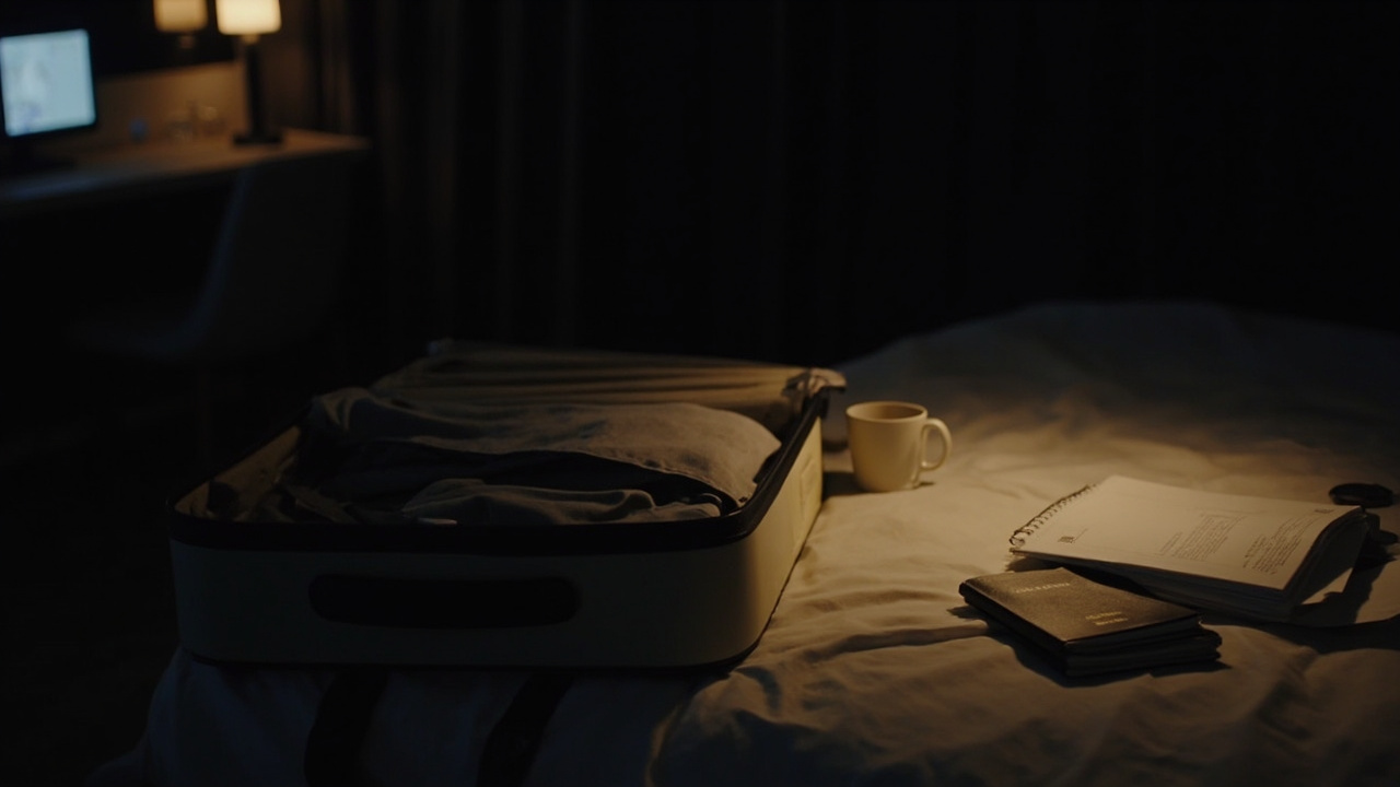 Quiet airport hotel room near Bangkok at night with a small open carry-on suitcase, a closed passport on the bedside table and warm bedside lamp glow