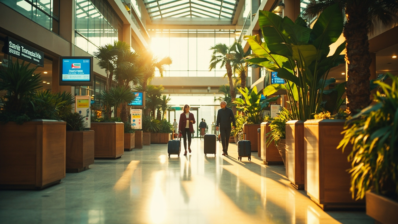 Bright modern Asian transit terminal interior with tropical indoor planting and a few travellers walking through in warm soft light