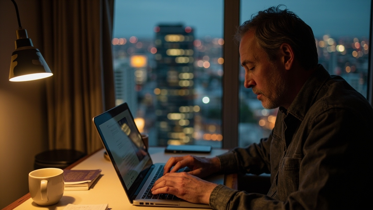 Australian traveller filling out the Cambodia e-Arrival on a laptop at a hotel desk during a stopover with a closed passport and a small notebook beside the laptop