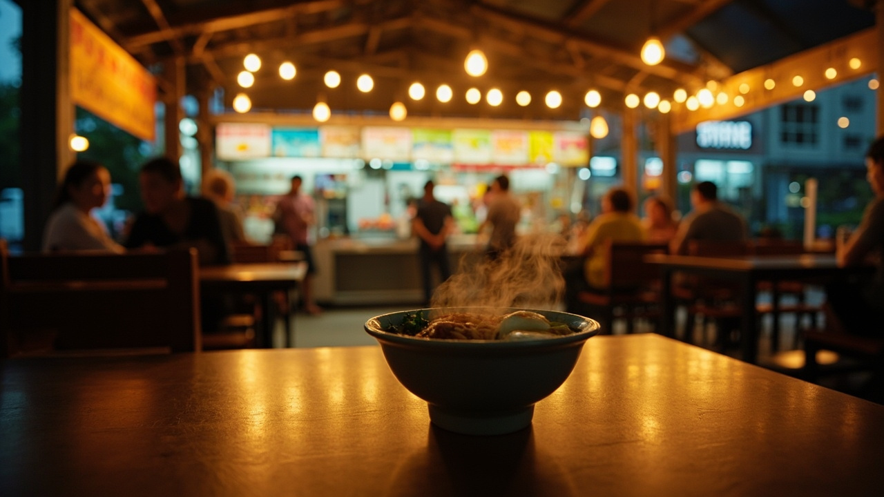 Warmly lit hawker-style food court in Singapore at dusk with a small bowl of noodles in the foreground and softly blurred diners in the background