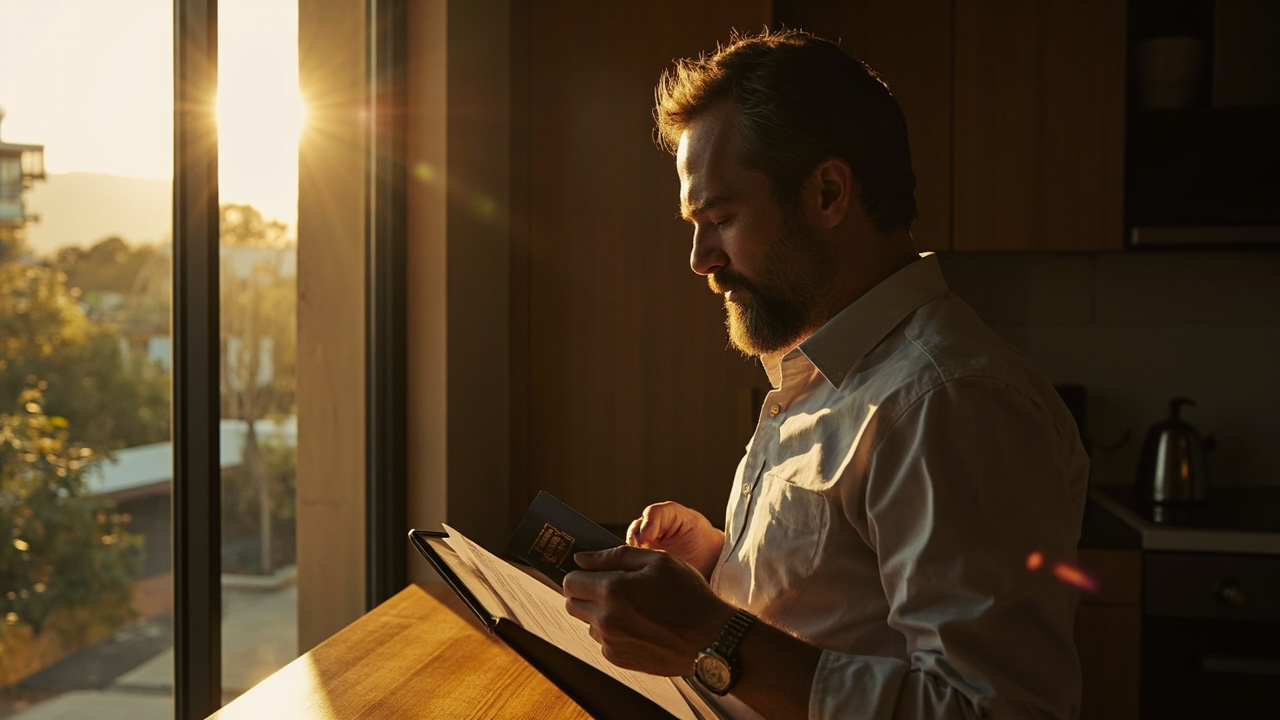 New Zealand passport holder living in Sydney reviewing Cambodia eVisa paperwork at a sunlit kitchen bench