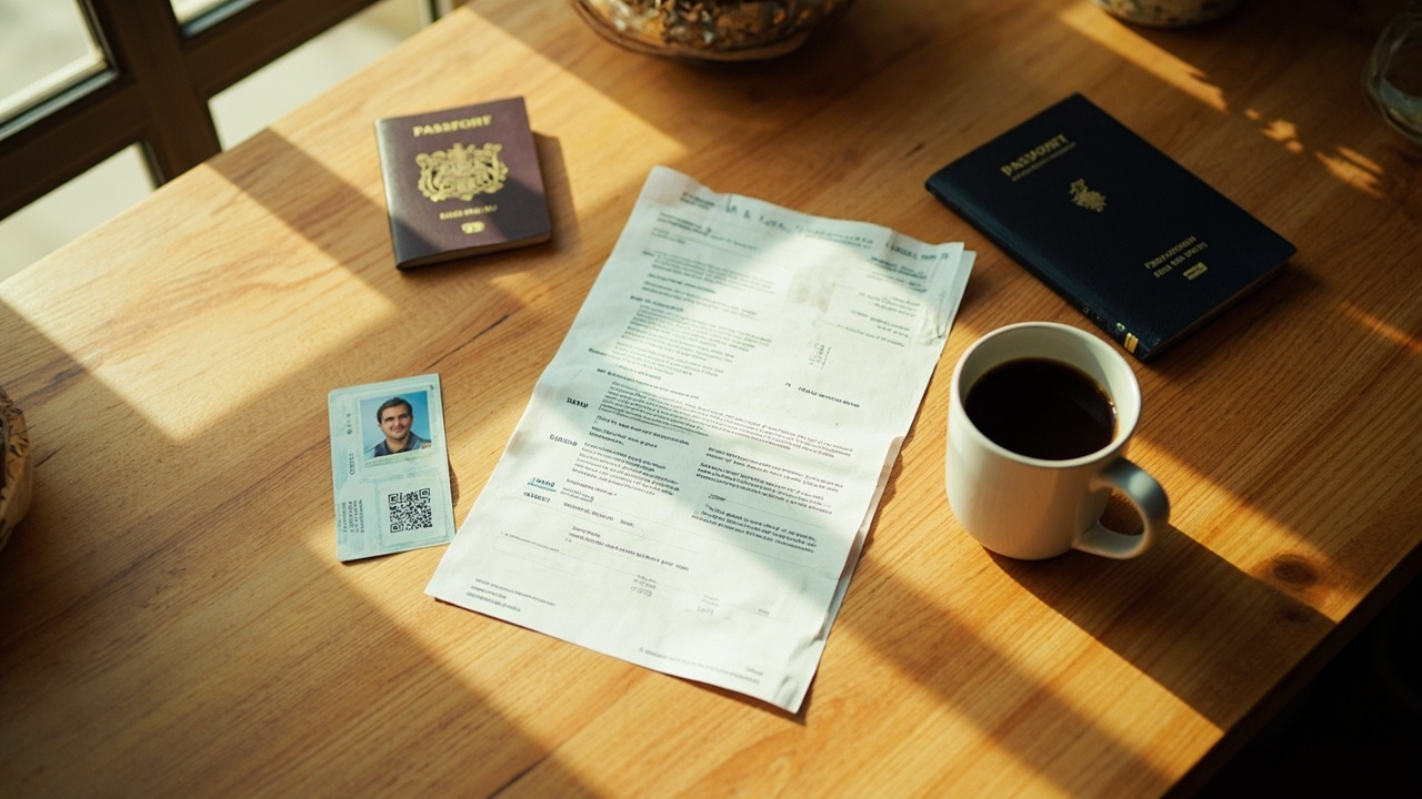 Printed eVisa PDF and a dark-cover passport on a warm timber desk with a coffee mug in soft afternoon light