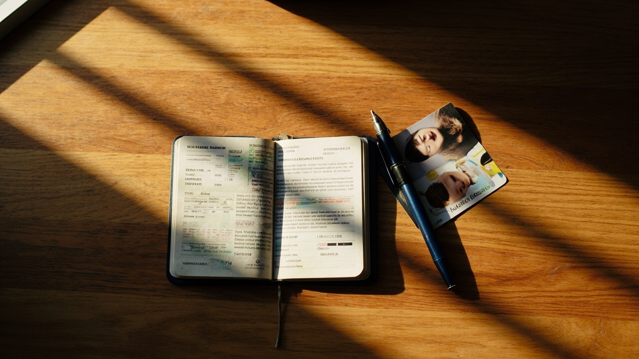 Overhead flat-lay of a dark-cover passport opened to a generic bio page on a warm wooden desk