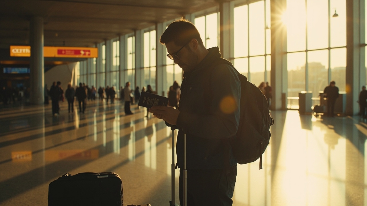 Kiwi traveller at a generic Australian international airport departure area holding a passport in warm morning light