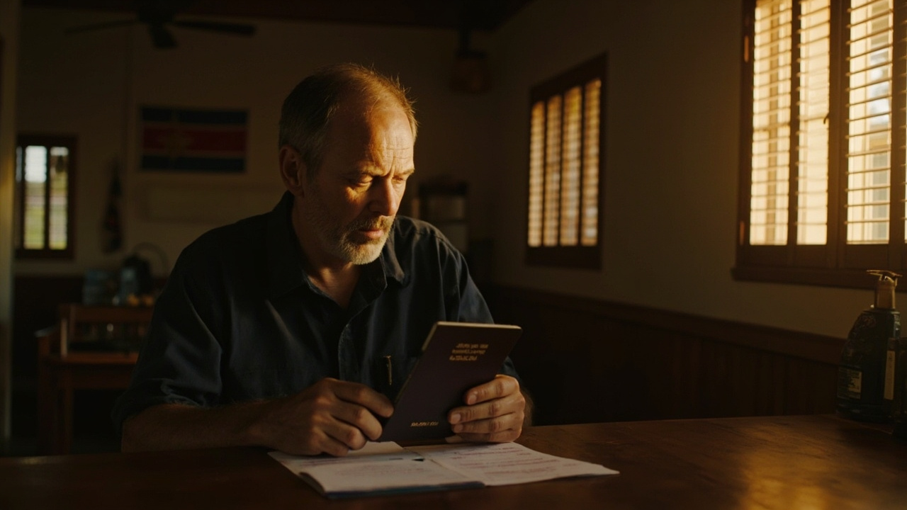 Australian traveller in a Phnom Penh guesthouse reviewing a closed Australian passport on a sunlit timber desk