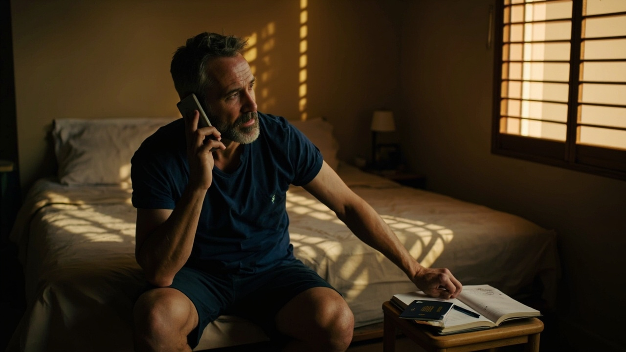 Australian traveller on a phone call in a softly lit Phnom Penh guesthouse room in warm afternoon light