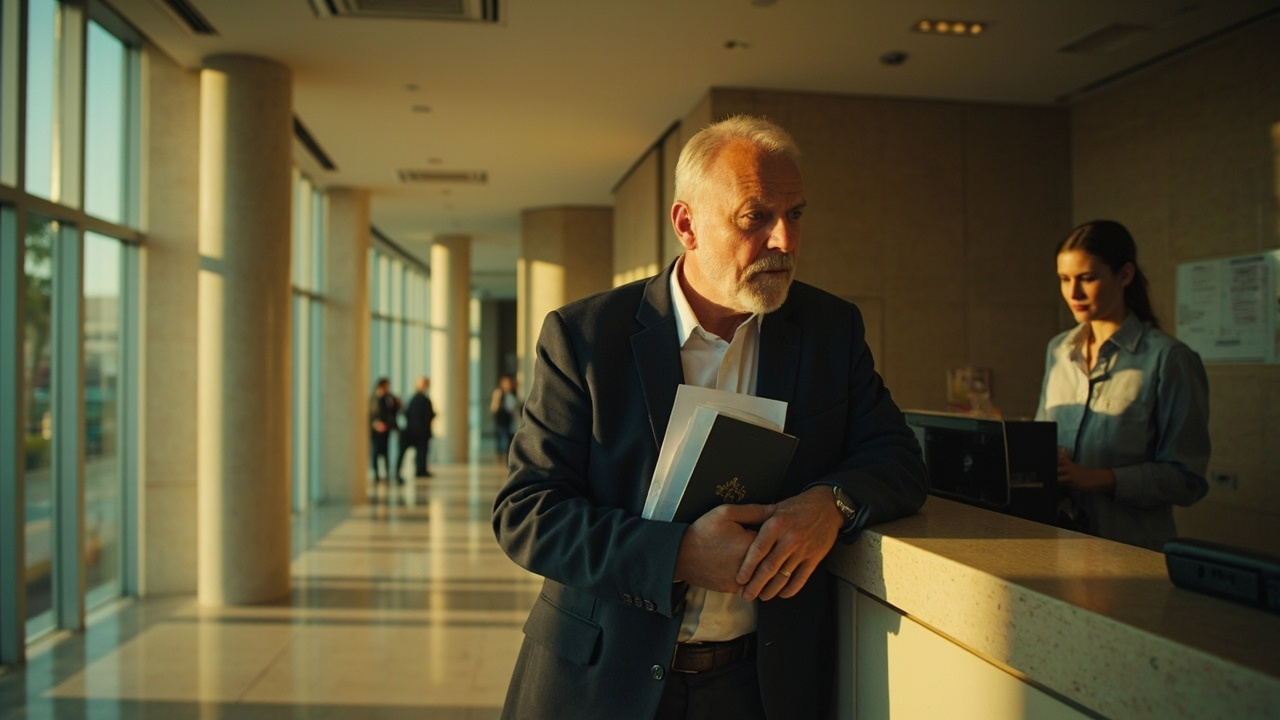 Australian traveller at a generic consular-office counter handing over passport paperwork in warm afternoon light