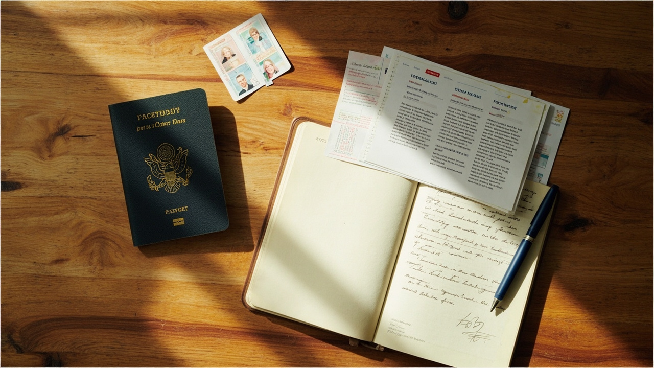 Overhead flat-lay of passport, passport photos, notebook and citizenship paperwork on a warm wooden desk