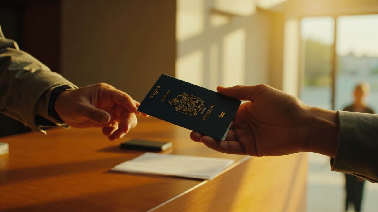 Hands receiving a new dark-cover passport across a generic counter in soft warm afternoon light