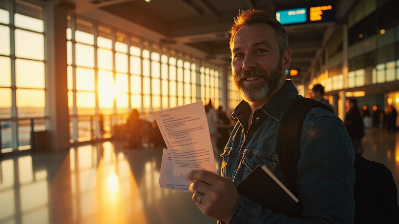 Australian traveller showing a printed Cambodia eVisa PDF at an airline gate desk in Australia, golden hour through tall airport windows
