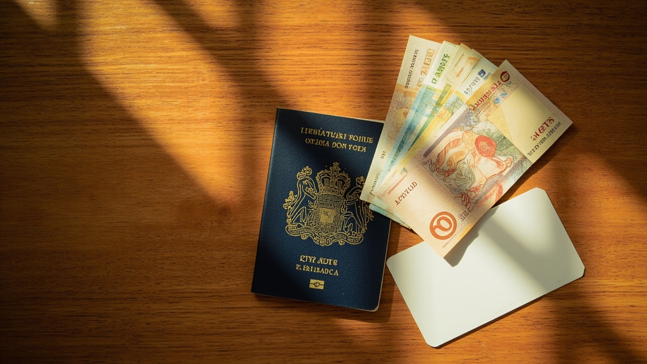 Overhead flat-lay of crisp USD bills, a closed Australian passport, and a small white card on a warm wooden counter