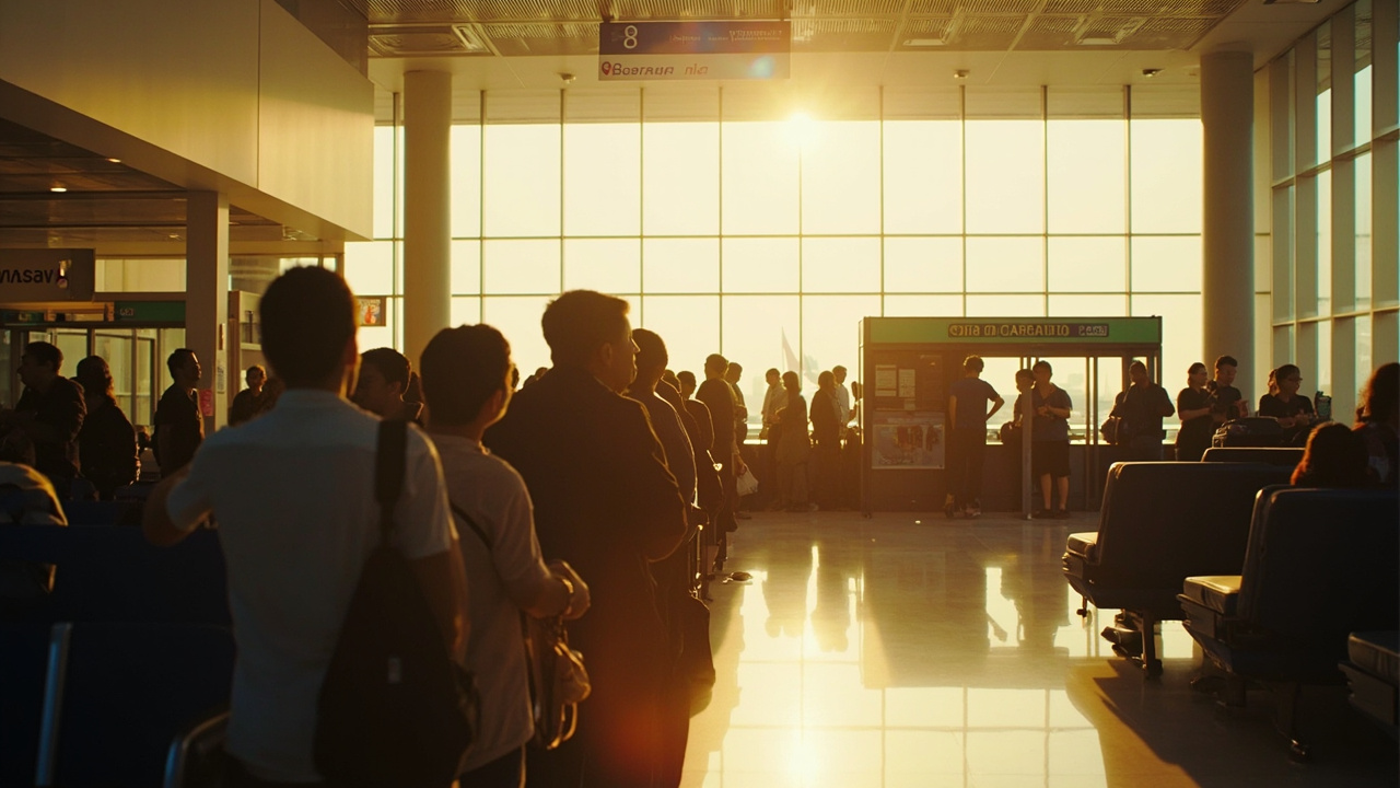 Slow visa-on-arrival queue inside a Cambodian airport arrival hall in warm afternoon light