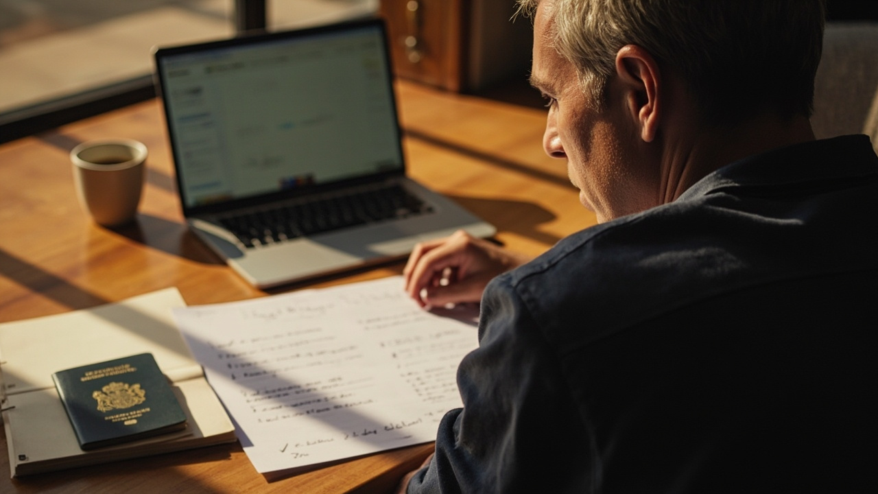 Australian traveller at a kitchen table comparing a paper itinerary and a laptop, weighing tourist activities against business meetings