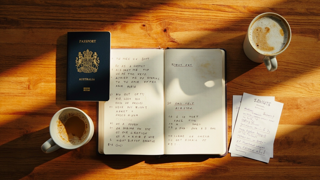 Overhead flat-lay of two coffee cups, an open notebook, and an Australian passport on a warm wooden cafe table