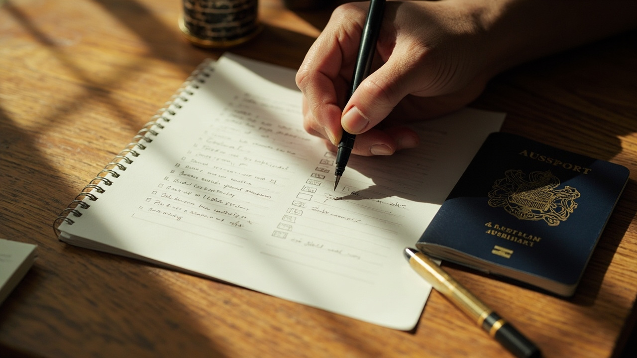 Australian traveller's hand holding a pen above a paper checklist on a timber desk, ticking off trip activities