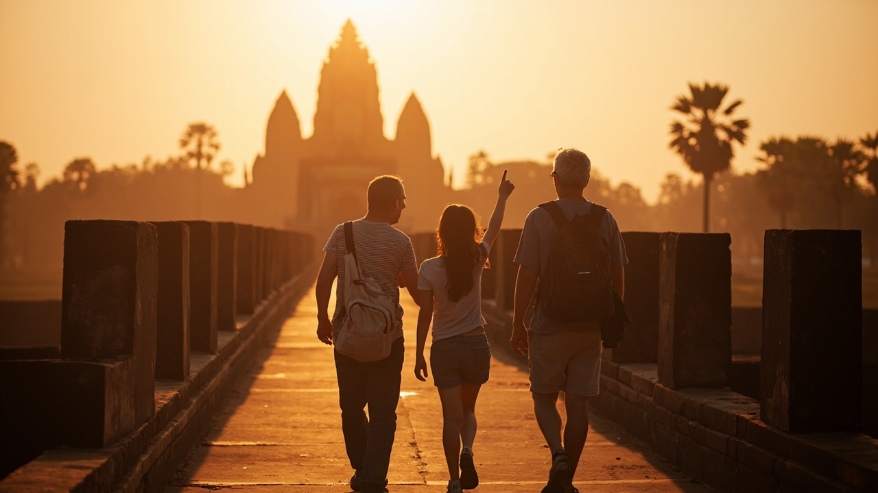 Australian family at Angkor Wat at warm golden hour, faces softly out of focus, body language relaxed