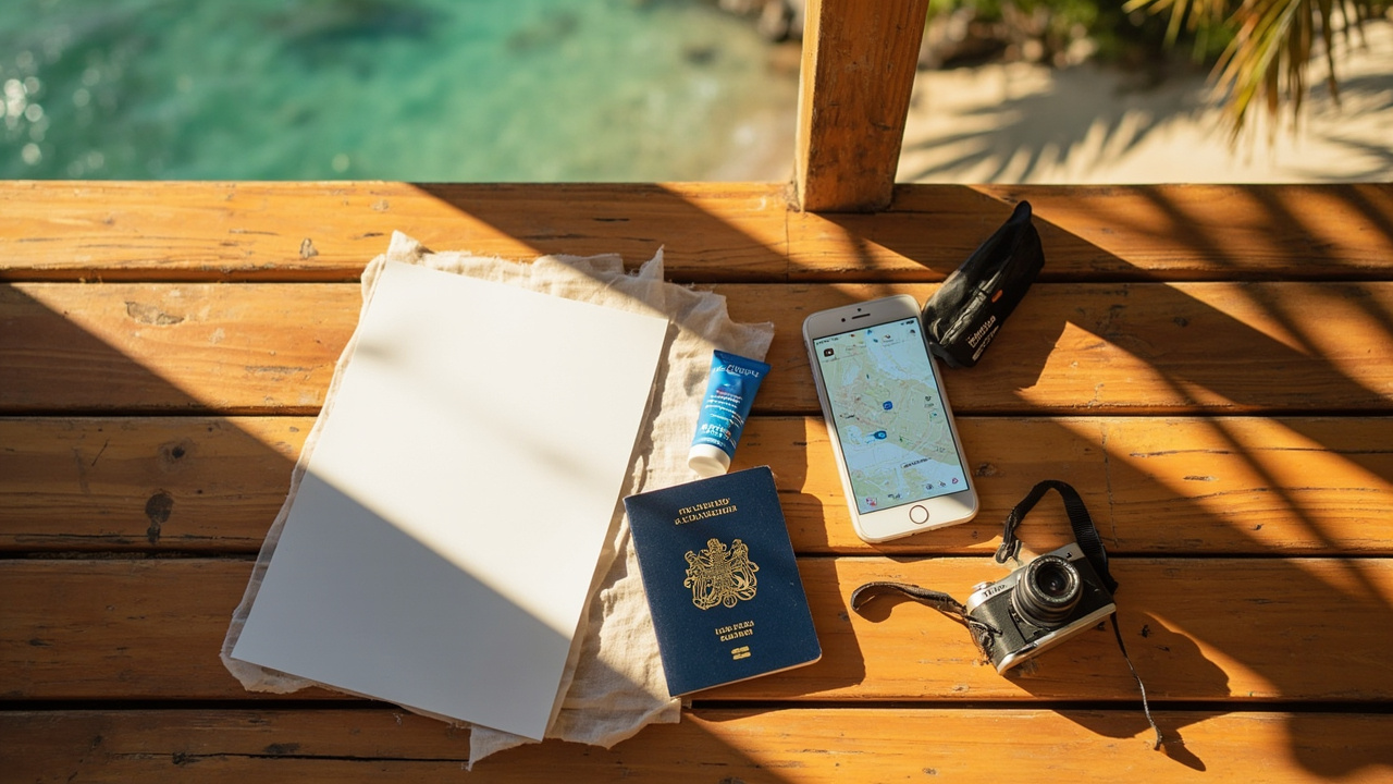 Overhead flat-lay of an Australian passport, folded A4 sheet, smartphone, sunscreen and small camera on a wooden bungalow porch with Koh Rong beach beyond