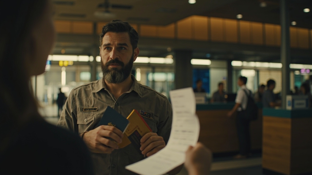 Relaxed Australian traveller calmly handing a printed eVisa PDF to a generic immigration officer at a quiet counter