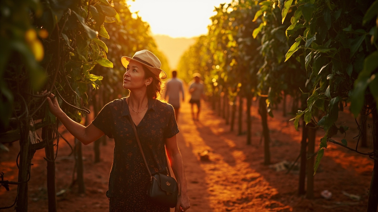 Australian traveller walking through a small Kampot pepper farm at golden hour, warm rural Cambodian landscape