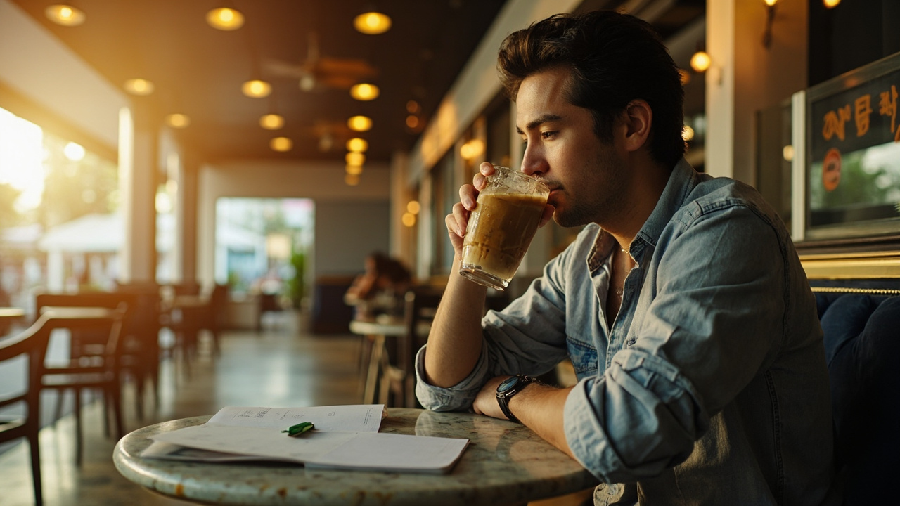 Australian traveller having Khmer iced coffee at a sunlit Phnom Penh cafe with a printed travel itinerary on the table