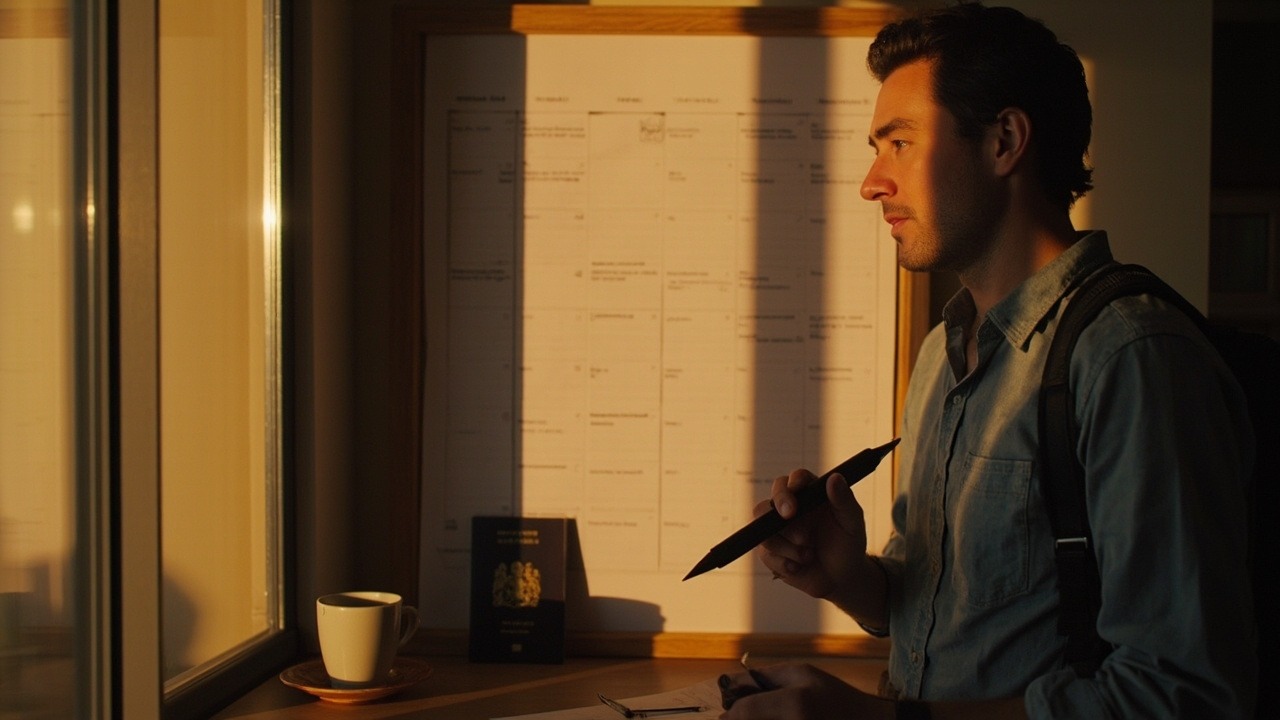 Australian traveller marking two date windows on a paper wall calendar — one short window for arrival, one longer window for the in-country stay