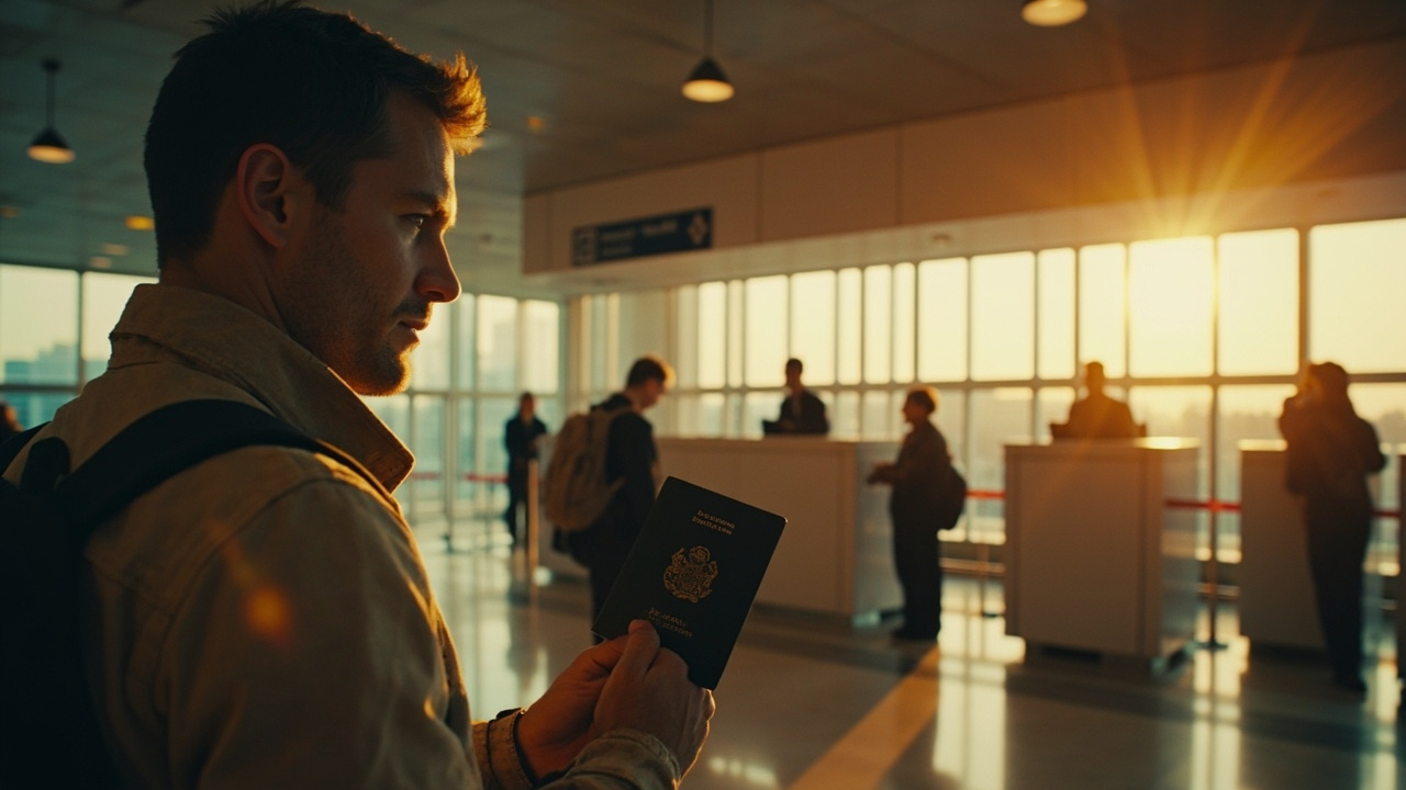 Australian traveller approaching a generic airport immigration desk with passport in hand, faces softly out of focus, warm interior lighting