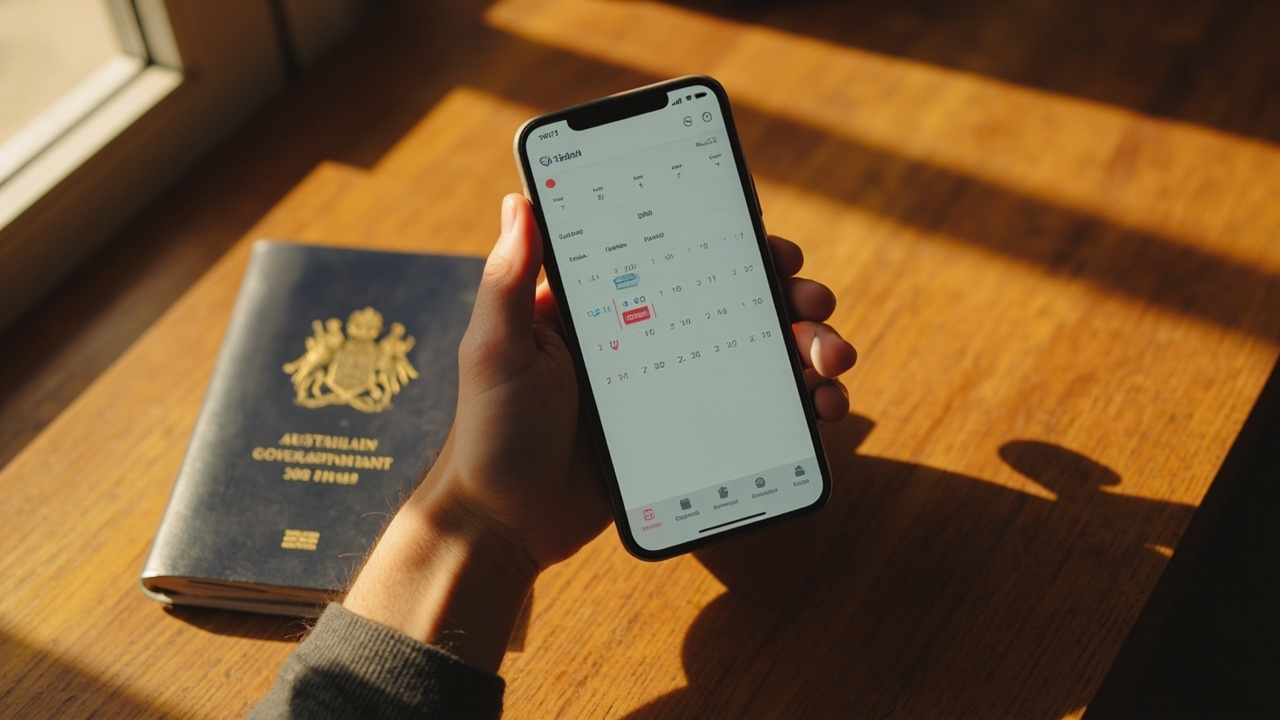 Close shot of an Australian traveller's hand holding a smartphone with a soft-focus generic calendar app showing a 30-day blocked range