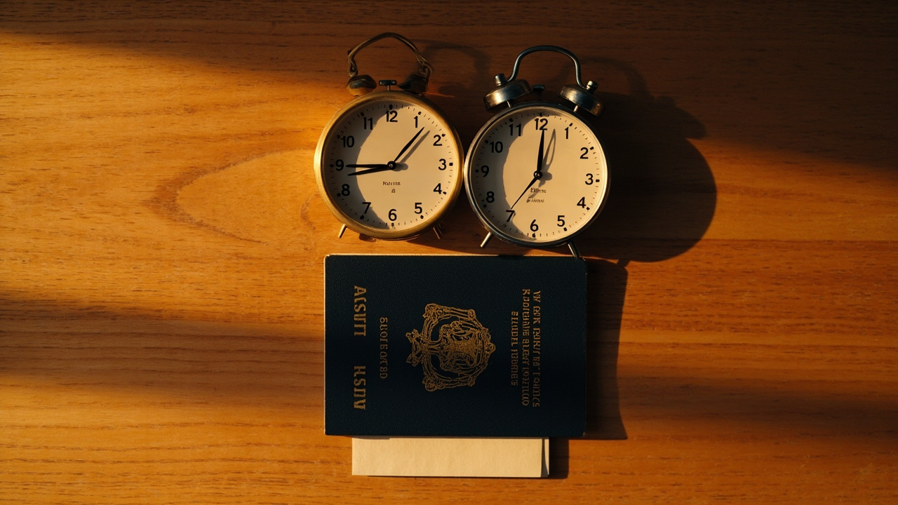 Overhead flat-lay of two small analog clocks side by side with an Australian passport on a warm wooden desk, representing two separate clocks